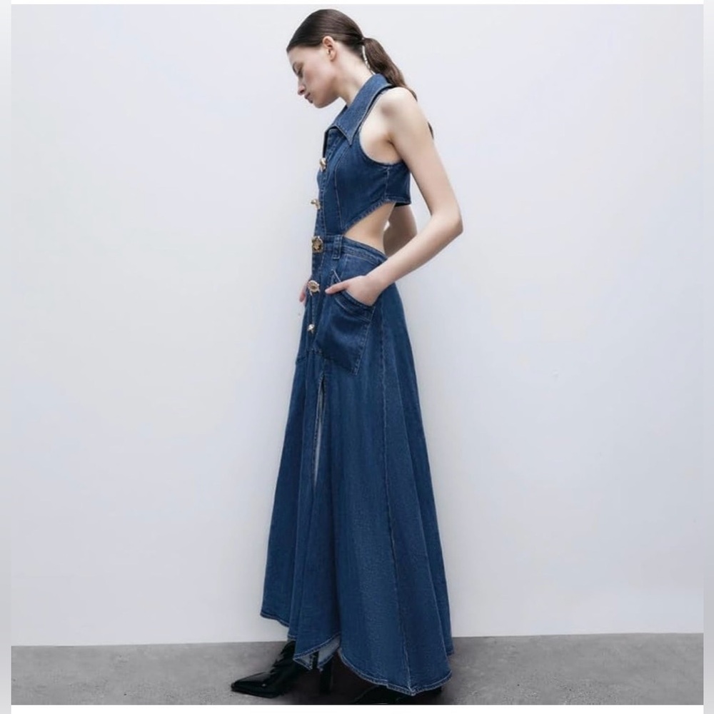 Amazon Dark Blue Denim Jumpsuit with Gold Accent Buttons - Picture 3 of 15